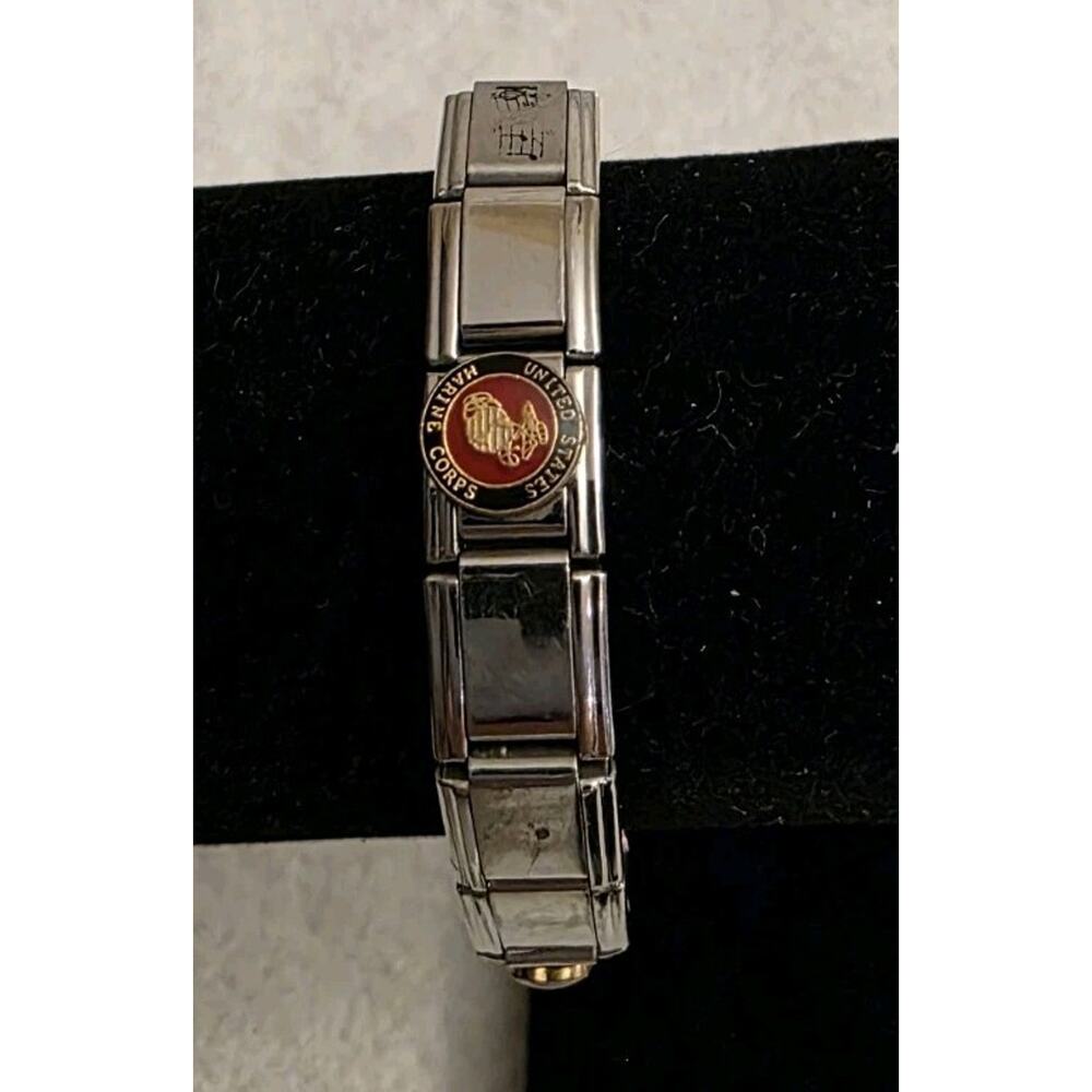 2 Inch Silver Tone Link Bracelet Marines Music Notes 4 Leaf Clover Teal Gem Flaw